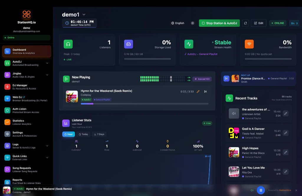 StationHQ radio control panel for Shoutcast and Icecast hosting